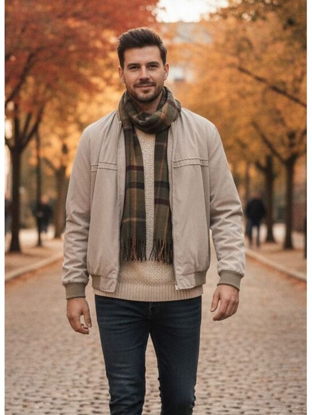 Vintage RETREAT Men's Beige Bomber Jacket Full Zip L/G 42-44 Olive Knit Trim